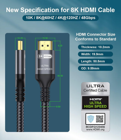 Certified 10K 8K 4K HDMI 2.1 Cable 1.5FT, 48Gbps Ultra High Speed HDMI Cord