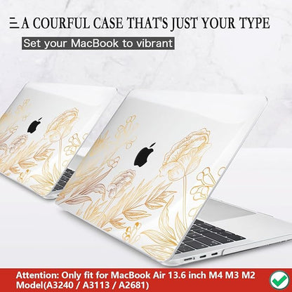 CISSOOK for MacBook Air 13.6 inch Case A3240 A2681 A3113 Release 2022 2023 2024 2025, Plastic Hard Shell Case Keyboard Cover for MacBook Air 13 inch M2 M3 M4, Gold Floral Blossom