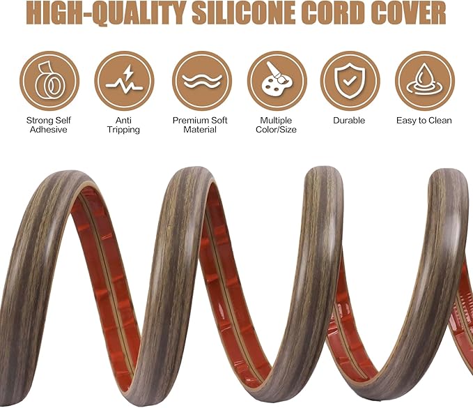 Floor Cord Cover Self Adhesive Cord Hider,10FT Cable Management, Extension Strip Protector for Wires, Prevent Cable Trips for Offices, Gyms, Exhibitions Cavity:0.3"(W) x 0.28"(H) Wood Walnut