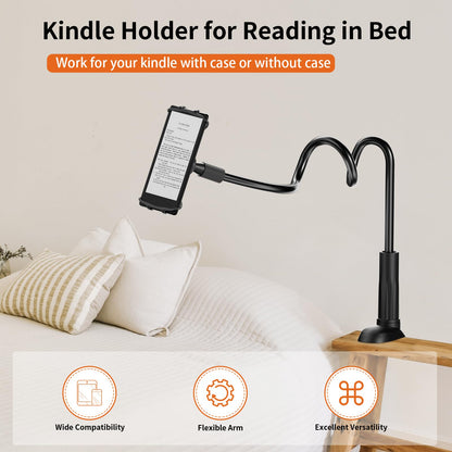 Arctiiro Gooseneck Kindle Holder for Reading in Bed - [Case-Friendly] Phone Holder for Bed, Kindle Paperwhite Stand Accessories, Overhead Cell Phone Clamp Mount for Desk, for Tablets 4-10 inches