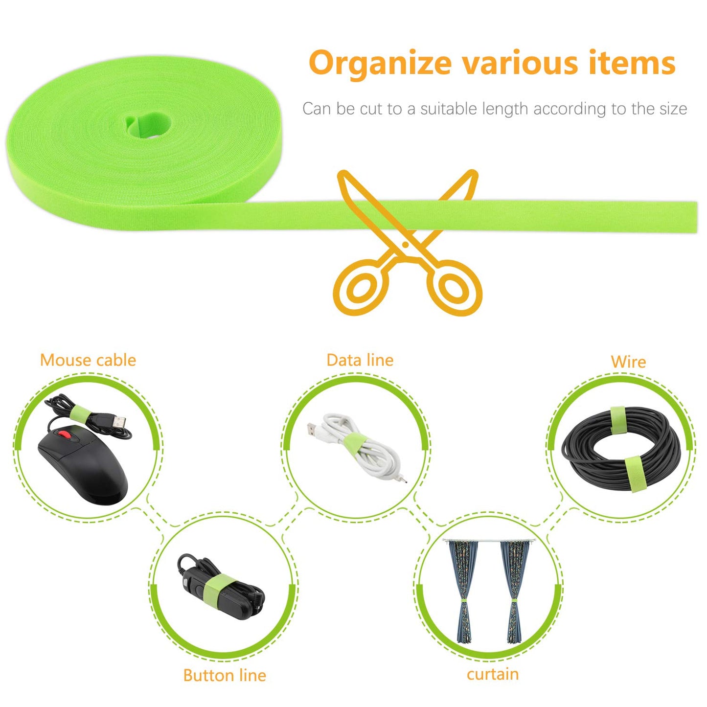 Saisn Reusable Fastening Tape Cable Ties 3/4 Inch Double Side Hook Roll (25 Yard, Green)
