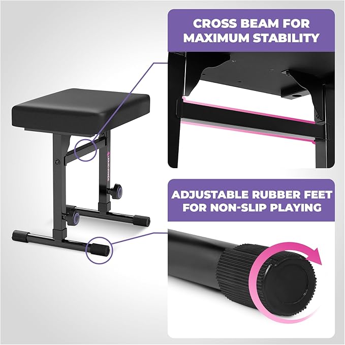 Liquid Stands Pink Portable Heavy Duty Digital Keyboard Stand and Bench Set - Adjustable Music Stand and Seat for 54-88 Key Electric Pianos