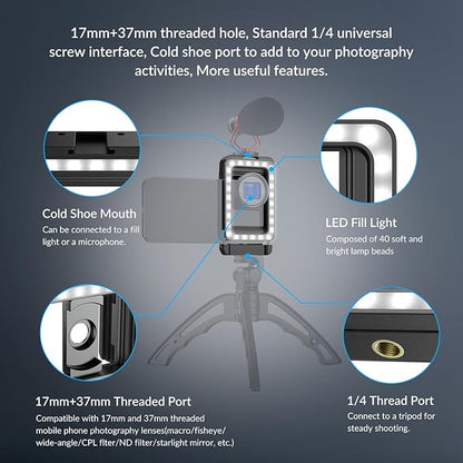 APEXEL 17mm+37mm Thread Adapter with LED Fill Light, One-Piece Phone Adapter for Android/iPhone, Attachments for Macro/Wide Angle/Fisheye/Flow/Radial/Star Filter/Kaleidoscope Lens