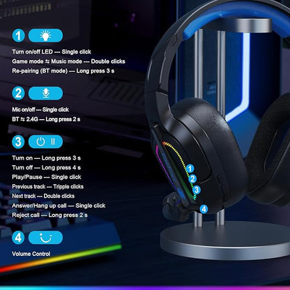 FC200 Wireless Gaming Headset for PS5, PS4-2.4GHz USB Foldable Headphones with Mic - 3D Stereo Bluetooth Headset with 50Hrs Battery Life, for Switch, PC, Mac, Mobile