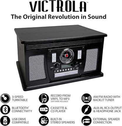 Victrola Aviator 8-in-1 Bluetooth Record Player & Multimedia Center with Built-in Stereo Speakers - 3-Speed Turntable, Vinyl to MP3 Recording, Wireless Music Streaming, Mahogany