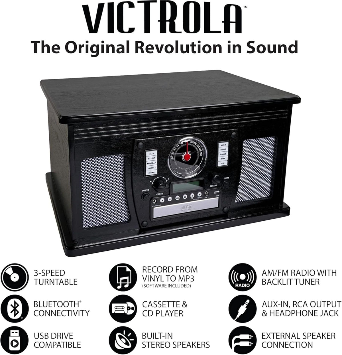 Victrola Aviator 8-in-1 Bluetooth Record Player & Multimedia Center with Built-in Stereo Speakers - 3-Speed Turntable, Vinyl to MP3 Recording, Wireless Music Streaming, Mahogany