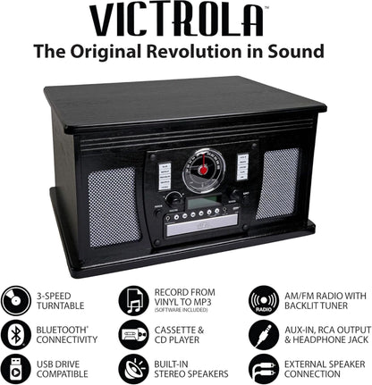 Victrola Aviator 8-in-1 Bluetooth Record Player & Multimedia Center with Built-in Stereo Speakers - 3-Speed Turntable, Vinyl to MP3 Recording, Wireless Music Streaming, Mahogany