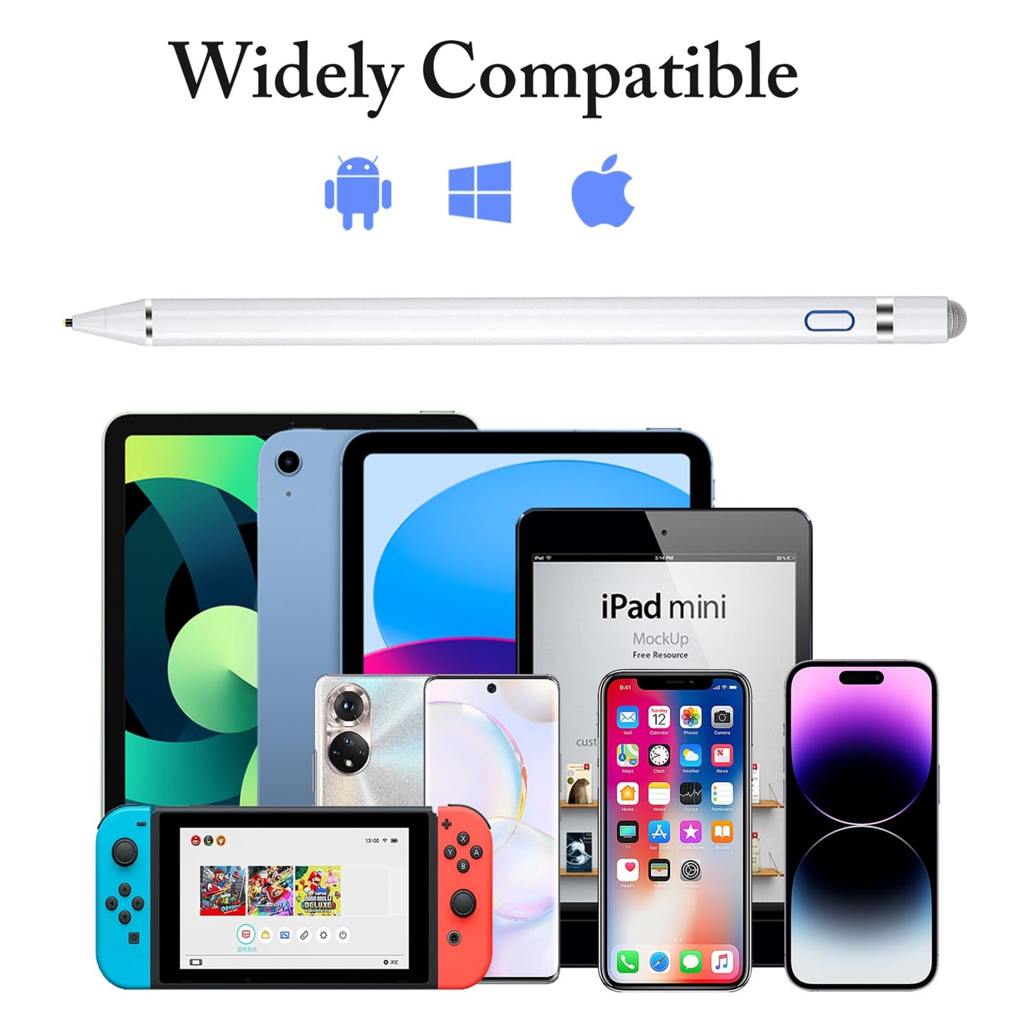 Stylus Pen for iPad, DOGAIN iPad Pencil for Touchscreen with Dual Touch Function, Active Digital Fine Point iPad Pen Compatible with iPad/iPhone/Samsung//iOS/Android/Nintendo switch 2 and More - White