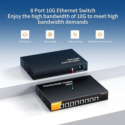 8 Port 10G Ethernet Switch Unmanaged, 8X 10G RJ45 Ports Support 10G/5G/2.5G/1000M/100M Auto-Negotiation, 160Gbps Switching Capacity, Desketop or Rackmountable Plug and Play Network Switch