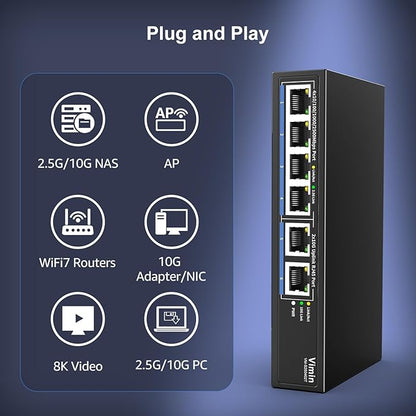 6-Port 10G/2.5G Ethernet Switch with Dual 10GBASE-T, Vimin 4X 2.5G +2 x 10Gb RJ45 Ports Unmanaged Switch, 60Gbps Capacity, 10G Switch Desktop/Wall Mount Network Switch for NAS, PC, Wireless AP