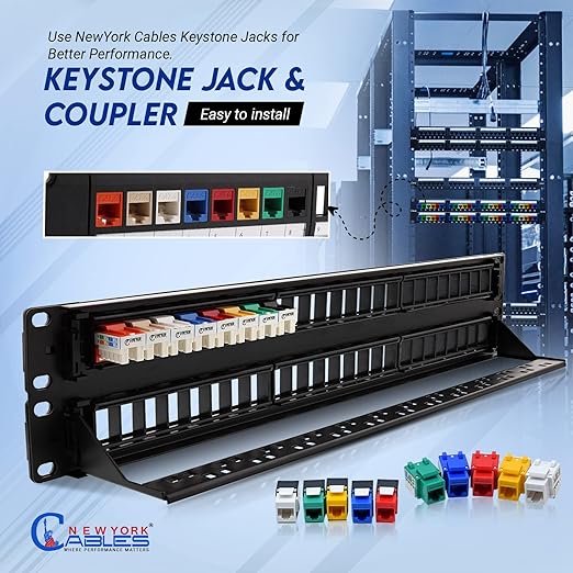 NewYork Cables® Blank Keystone 48 Port Cat6 Patch Panel - 10Gb Ethernet 2U Horizontal Rack Mount, Color-Coded T568A/B Labels, Network for Data Centers, Server Rooms, Unloaded, Unshielded.