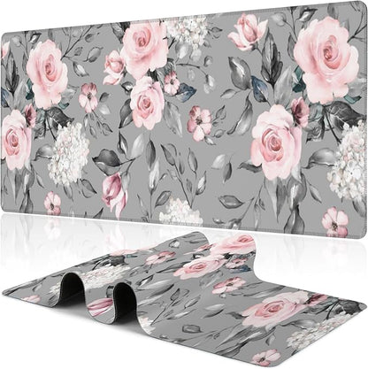 Pink Roses Desk Mat,Large Spring Blooming Flowers and Leaves Gaming Keyboard Mouse Pad,Non-Slip Rubber Base Desk Pad Thick Stitched Edges Waterproof Mousepad Mouse Mat 31.5"x11.8"