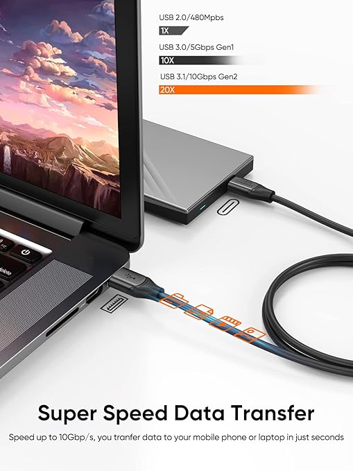 CableCreation 2-Pack USB C to USB A Cable 5FT,USB 3.1 USB 3.2 Gen2 10Gbps USB C Data Cable, Android Auto 3A for External SSD MacBook Pro iPad, Galaxy S24/S23, iPhone 16, 1.5m