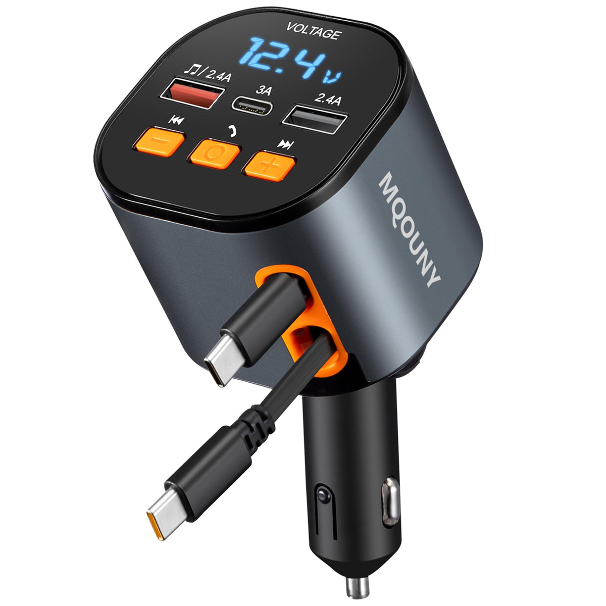 Retractable Car Charger,5 in 1 Fast Car Phone Charger 90W,Bluetooth 5.3 FM Transmitter Adapter,Handsfree Call,2 Retractable Cables and USB Cars Chargers for iPhone 17/16/15/14/13/Galaxy/Pixel