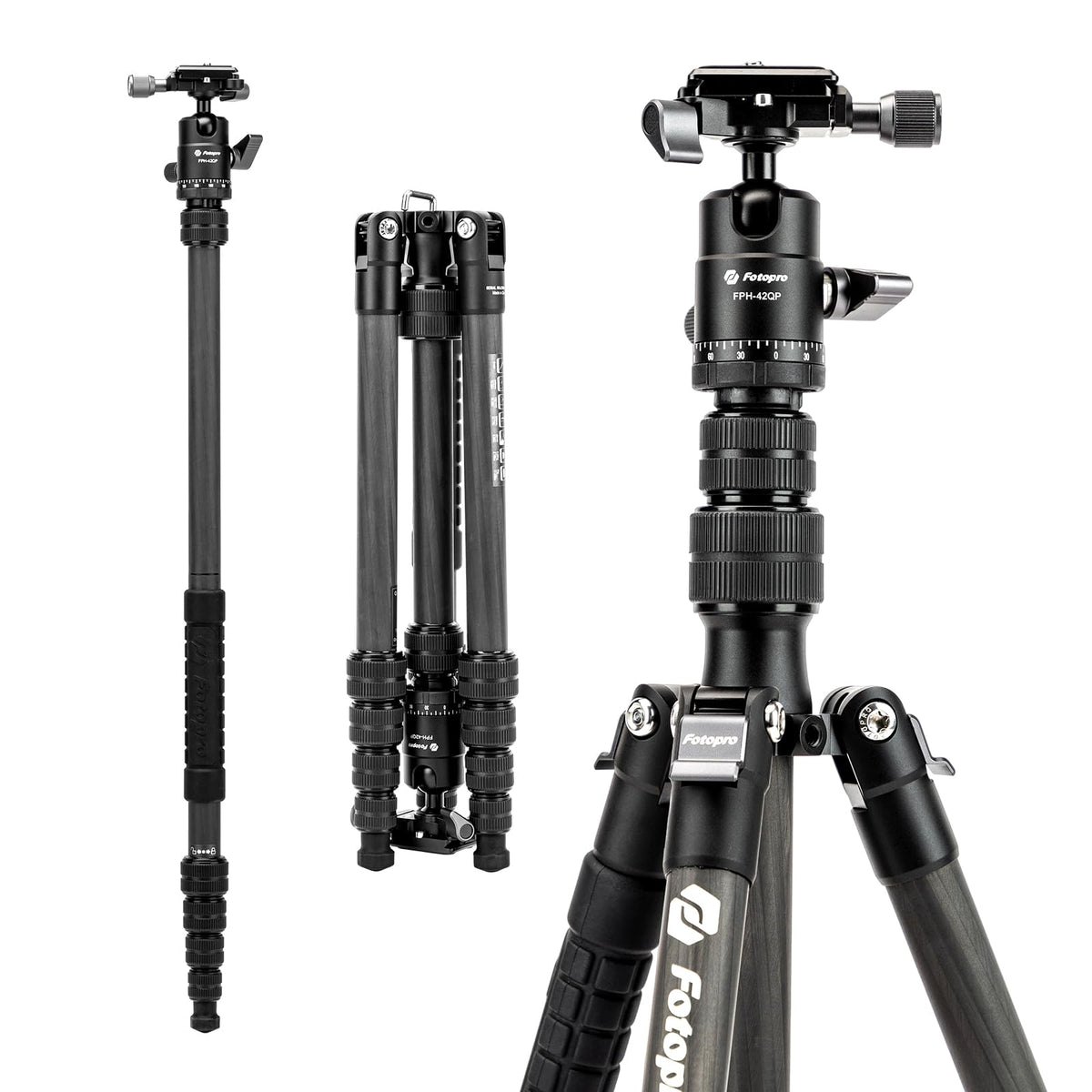 Fotopro X-GO Max 68" Carbon Fiber Camera Tripod, Professional Heavy Duty Camera Tripod with Ball Head, Detachable Monopod, Dia.28mm Leg, Load up to 26.46lbs, Weights only 3.3lb, for DSLR