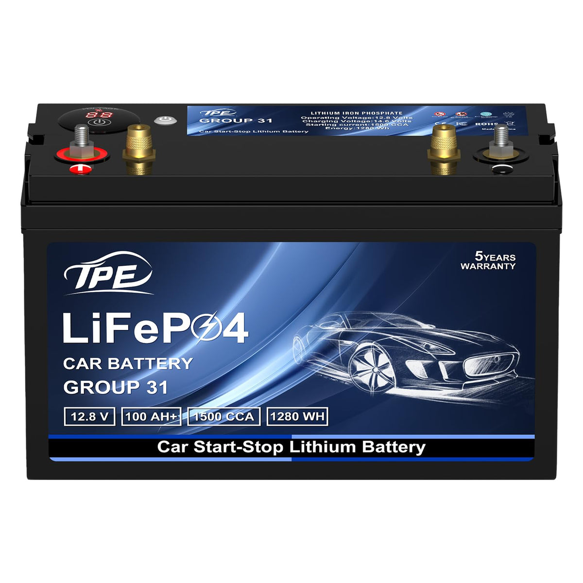 TPE BCI Group31 Car Start Stop System LiFePO4 Lithium-ion Battery 12.8V 100AH 1500A 1280WH Lightweight High Performance Battery Level Display Dual Port