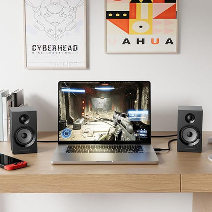 BT16 HiFi Bookshelf Speakers 3.5" Woofer with 1" Tweeter, 60W(30Xx2) Bluetooth 5.3, Powered Stereo Speaker with 24bit DAC USB and Adjustable Treble/Bass, Computer Gaming PC Speakers - Black