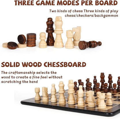 3-in-1 Wooden Chess, Backgammon Set and Checkers Set- 12 Inch Portable Board Game for Kids and Adults, Classic Strategy Game with Durable Chess Pieces Perfect for Travel Family Game Educational Games