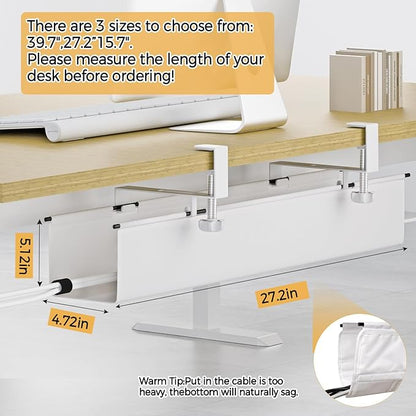 Under Desk Cable Management Tray 27.2" - No Drill Computer Wire Organizer Cable Tray, Cord Hider Clamp Mount with 16X Cable Ties PC Cables Management Cord Holder for Office/Home (Upgrade Fabric,White)