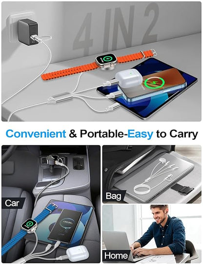 4-in-2 Multi Charging Cable for Apple Watch Charger/Samsung/iPhone Charger,Car/Office/Camping/Travel Essentials,Type C Cable Cord for iWatch Ultra/10-2/iPhone 16-11/Samsung S25-S20,iPad,airPods-White