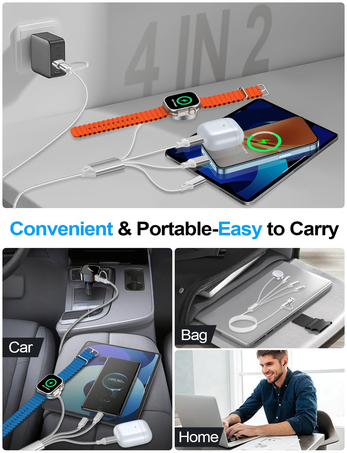 4-in-2 Multi Charging Cable for Apple Watch Charger/iPhone/Galaxy Charger