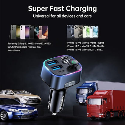 Syncwire Bluetooth 5.3 FM Transmitter Car Adapter 48W(PD 36W & 12W) [Light Switch] [Hi-Fi Deep Bass] [Fast Charging] Wireless Radio Music Adapter LED Display Hands-Free Calling Support USB Drive