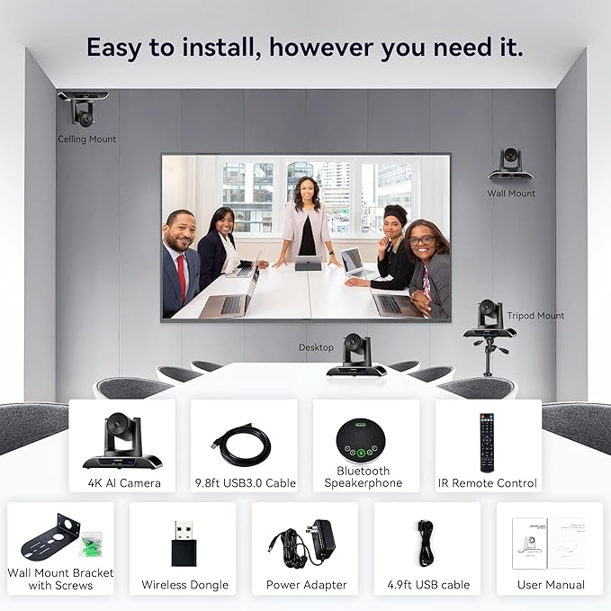TONGVEO 4K Conference Room Camera System with Gesture Control, AI Auto-Tracking PTZ Camera 5X Digital Zoom with Speakerphone Set 120° Wide-Angle USB3.0 for Remote Meetings Zoom Teams OBS and More