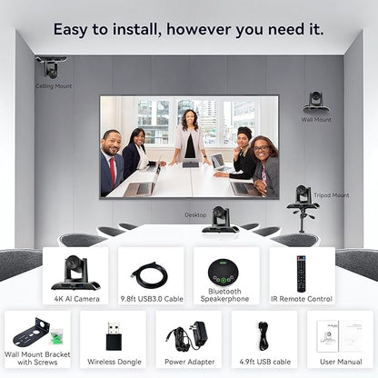 TONGVEO 4K Conference Room Camera System with Gesture Control, AI Auto-Tracking PTZ Camera 5X Digital Zoom with Speakerphone Set 120° Wide-Angle USB3.0 for Remote Meetings Zoom Teams OBS and More