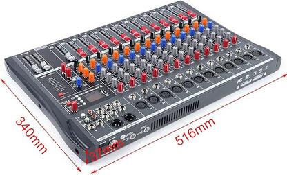 Pro 12 Channels Live Audio Mixer Bluetooth USB DJ Sound Mixing Console with 3 Stage Equalization Regulate 6 Modes Of Music for Family Ktv,Campus Speech,Meeting