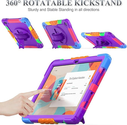SEYMAC stock Case for Samsung Galaxy Tab A9+ Plus 11'', Full-Body Drop Protection Case with Screen Protector Pencil Holder [360° Rotating Hand Strap] &Stand, Purple+Colorful