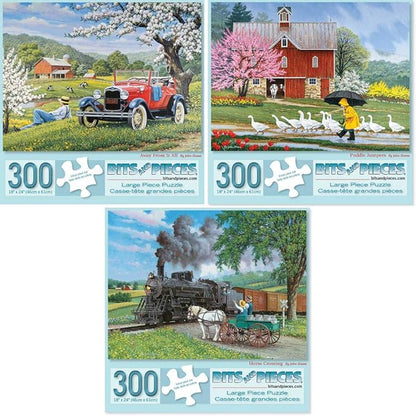 Bits and Pieces – Value Set of Three 300 Piece Jigsaw Puzzles for Adults – Old Country Farm Town Jigsaw Puzzles by Artist John Sloane, Completed Puzzle Size: 16" x 20"