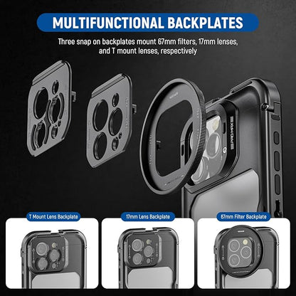 NEEWER 16 Pro Max Cage with Two Quick Release Side Handles, Phone Video Rig Kit with 67mm Filter Adapter, 17mm Lens Mount, T Mount Lens Adapter Compatible with iPhone 16 Pro Max (PA074+PA045E+PA045B)