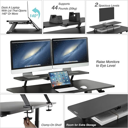 AVLT Clamp Desk Shelf Dual 32" Monitor Riser With Slide-out Holder for Convertible Laptop, Tablet, Smartphone (Black) - Floating Stand (Clamp-On Shelf Only)