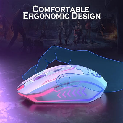 UHURU Gaming Mouse, Wireless Gaming Mouse with 6 Buttons 7 Changeable LED Color up to 10000 DPI, Rechargeable USB Gamer Mouse for PC Laptop (White)