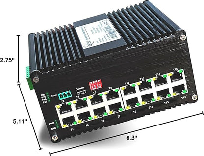 Industrial L2+ Managed 16 Port PoE Ethernet Switch, Gigabit Networking Switch with IPv4/IPv6 Management and DIP Switch, Supporting Din-Rail