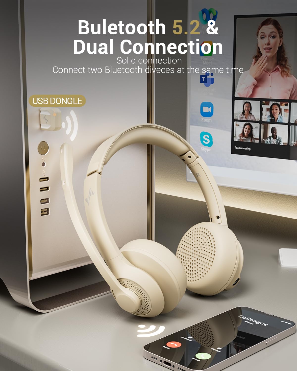 JIAMQISHI Bluetooth Wireless Headset with Mic for Work, Bluetooth 5.2, Advanced Noise Reduction Microphone, Clear Calls - Comfortable On-Ear Headphones, Applicable to PC, Laptop, Phone（Apricot）