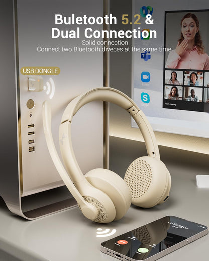 JIAMQISHI Bluetooth Wireless Headset with Mic for Work, Bluetooth 5.2, Advanced Noise Reduction Microphone, Clear Calls - Comfortable On-Ear Headphones, Applicable to PC, Laptop, Phone（Apricot）