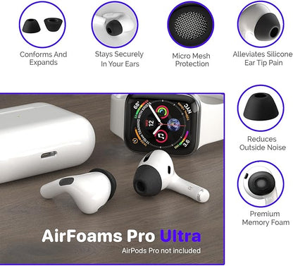 Patented AirFoams Pro Ultra V5.0 Memory Foam Ear Tips with Foam Shield for AirPods Pro 1st & 2nd Gen, Latest Version, Lifetime Replacement, Secure, Comfortable, Replacement Tip (SML)