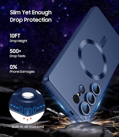 Magnetic for Samsung Galaxy S25 Ultra Case [Compatible with MagSafe][Built-in Camera Lens Protector] Slim Soft Silicone Bumper Shockproof Metallic Luster Phone Shell (Blue)