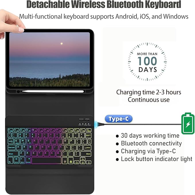 Keyboard Case for Samsung Galaxy Tab S10 FE / S9 FE 10.9 inch/Tab S9 / S8 / S7 11 inch - with 3 Color Backlit Mouse Detachable Keyboard Case