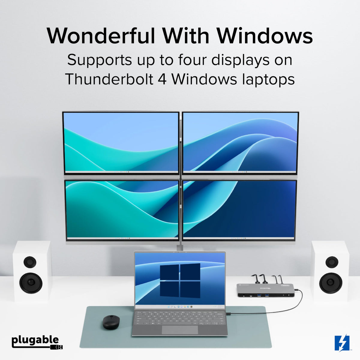 Plugable Thunderbolt 4 Dock Quad Monitors, 100W, Connect Four 4K Monitors