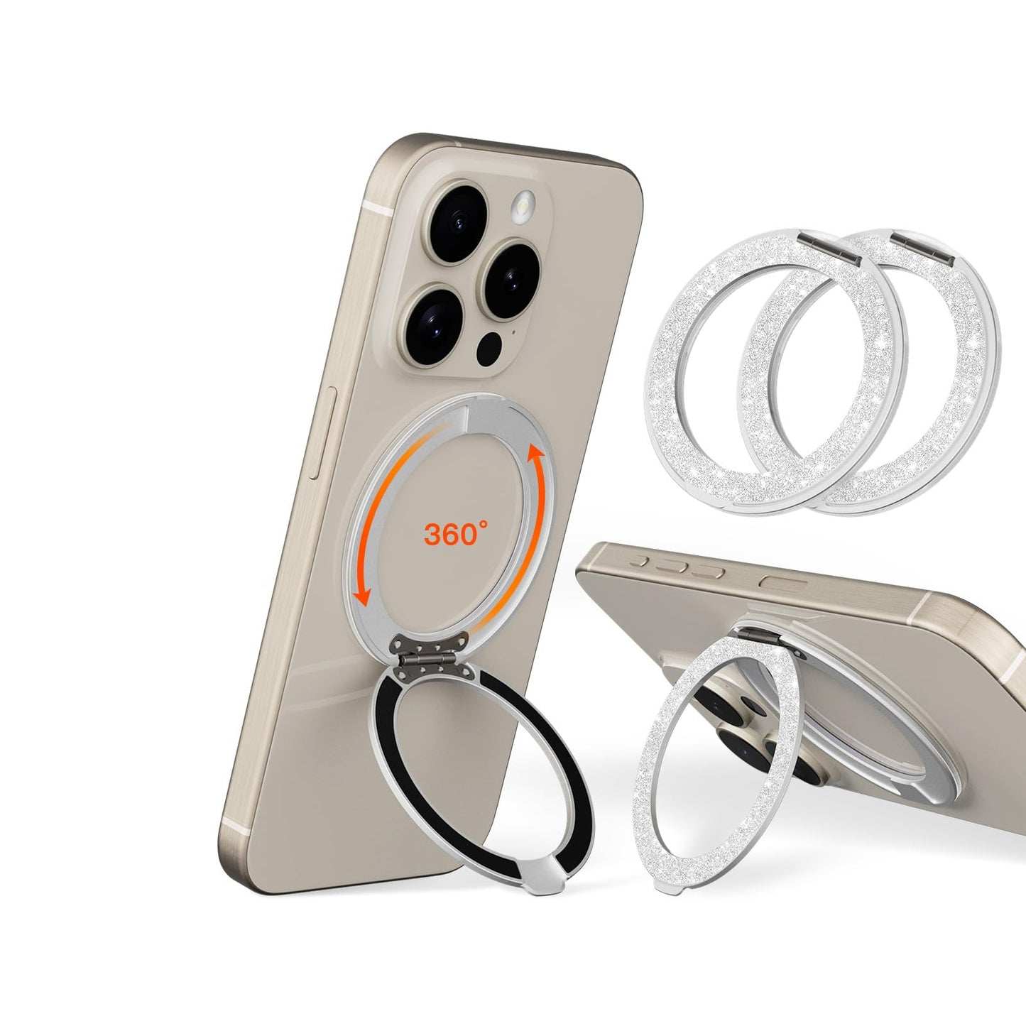 COOLQO 2Pcs 360 Spin Cell Grip Ring Phone Stand [Upgrade Gear Hinge Stress Relief] Magnetic Holders for Your car Accessories Desk Mount Compatible with iPhone All Smartphone, Glitter Silver