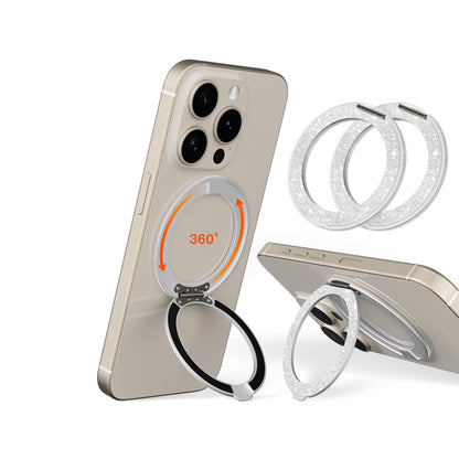 COOLQO 2Pcs 360 Spin Cell Grip Ring Phone Stand [Upgrade Gear Hinge Stress Relief] Magnetic Holders for Your car Accessories Desk Mount Compatible with iPhone All Smartphone, Glitter Silver