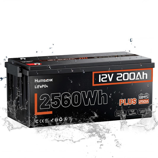 HumsiENK 12V 200Ah LiFePO4 Lithium Battery – Max. 2560Wh, with 250A BMS