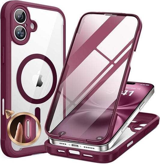 Miracase for iPhone 16 Case 6.1'', [Bubble Free] Full-Body Bumper Phone case with Built-in Full Glass Screen &Lens Protector,No Gap,Compatible with MagSafe,Drop Proof 16 Cover, Plum