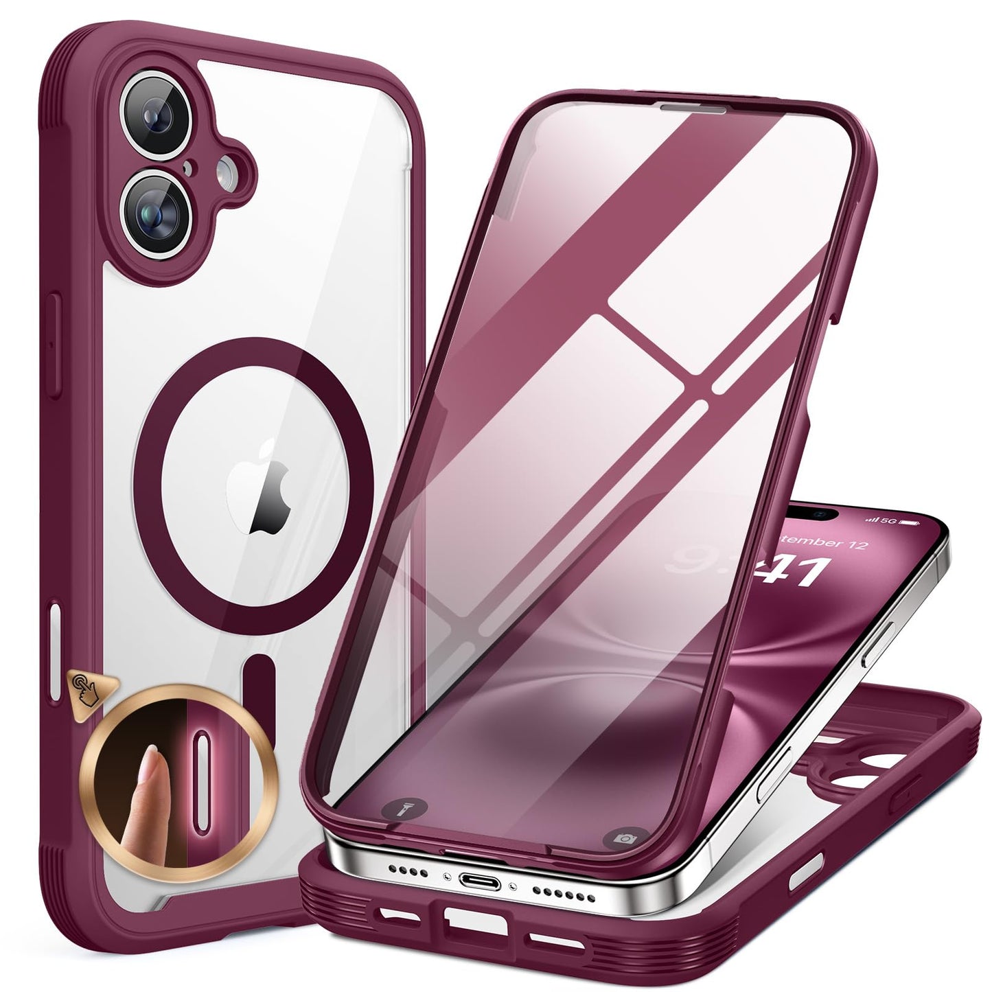Miracase for iPhone 16 Case 6.1'', [Bubble Free] Full-Body Bumper Phone case with Built-in Full Glass Screen &Lens Protector,No Gap,Compatible with MagSafe,Drop Proof 16 Cover, Plum