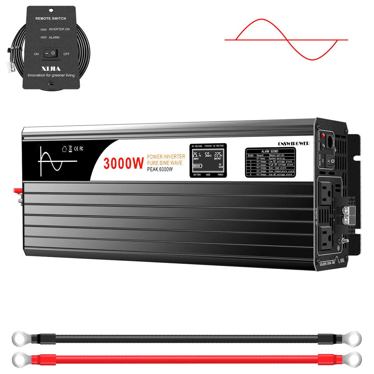 Xijia 3000W Pure Sine Wave Inverter 12V DC to 120V AC Converter for Home, RV, Truck, Off-Grid Solar Power 110V with Smart Bluetooth App Remote Control