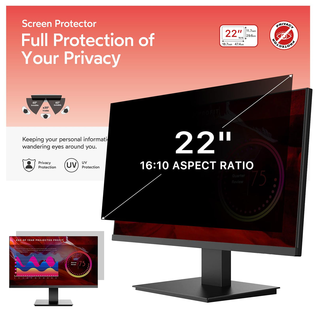 bersem 2 Pack 24 Inch Computer Privacy Screen for 16:9 Ratio Monitors