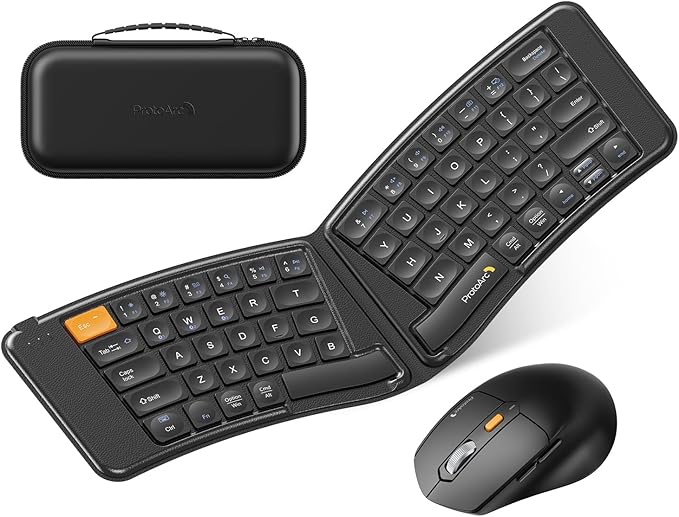 ProtoArc Ergonomic Foldable Keyboard Mouse, XKM03 Portable Folding Bluetooth Keyboard Mouse Combo for Business and Travel, Split Design, 3 Bluetooth, Rechargeable, for iPad, Tablet, iPhone, Laptop
