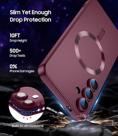 Magnetic for Samsung Galaxy S24 Case [Compatible with MagSafe][Built-in Camera Lens Protector] Slim Soft Silicone Bumper Shockproof Metallic Luster Phone Case (Burgundy)